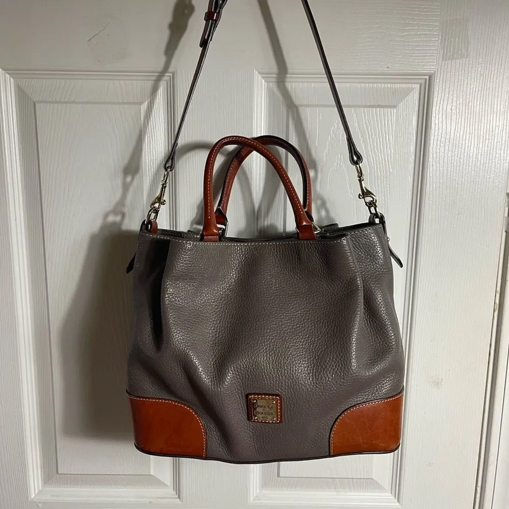 Dooney & Bourke Brenna Gray pebble Leather satchel tanTrim & Strap bonus pouch.